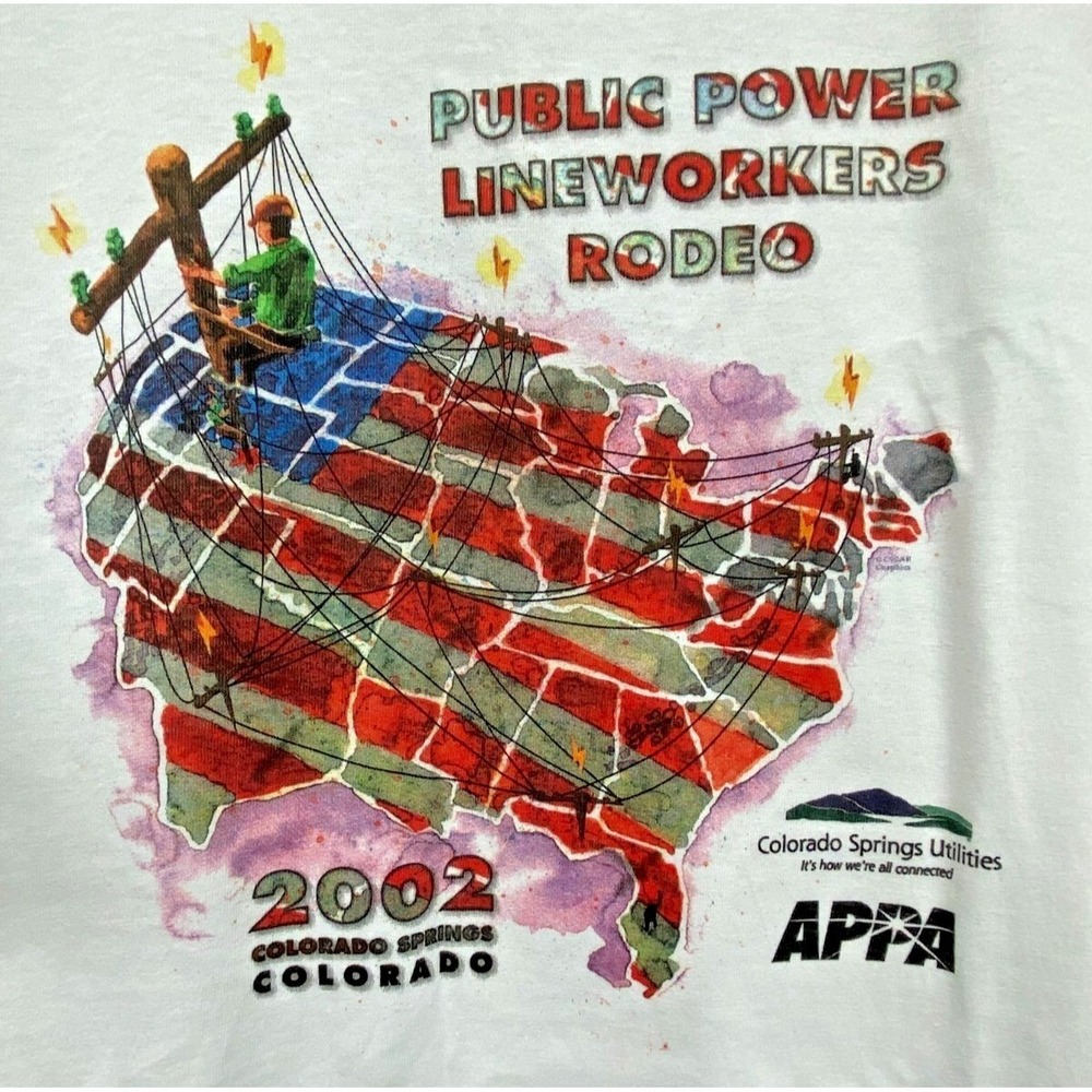 VTG Lineworkers RODEO Graphic T-shirt Flag Power Colorado USA Cotton 2XL Y2K‎